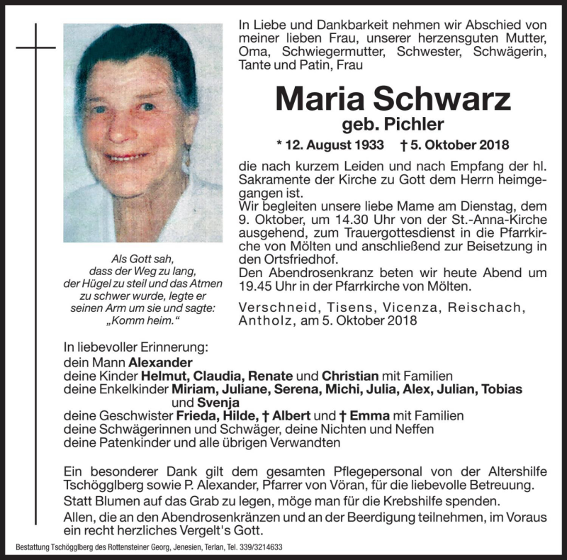  Traueranzeige für Maria Schwarz vom 08.10.2018 aus Dolomiten