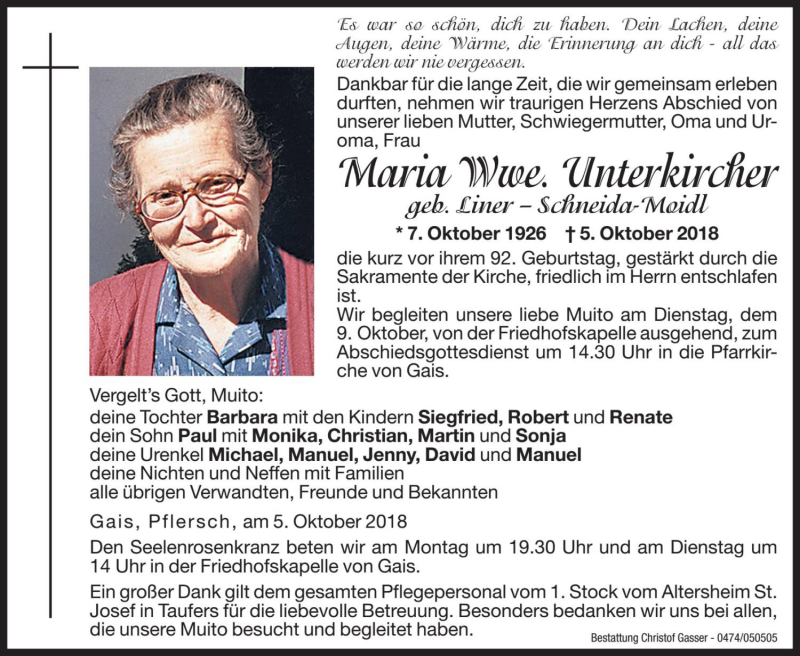  Traueranzeige für Maria Unterkircher vom 08.10.2018 aus Dolomiten