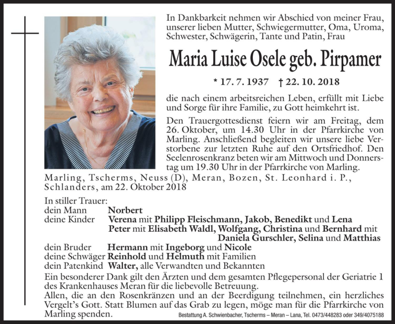  Traueranzeige für Maria Luise Osele vom 24.10.2018 aus Dolomiten