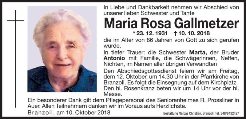  Traueranzeige für Maria Rosa Gallmetzer vom 11.10.2018 aus Dolomiten