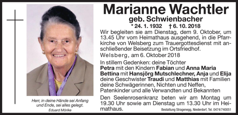  Traueranzeige für Marianne Wachtler vom 08.10.2018 aus Dolomiten