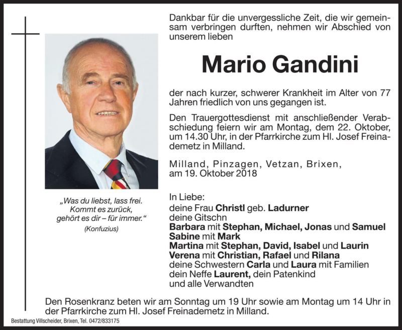  Traueranzeige für Mario Gandini vom 20.10.2018 aus Dolomiten