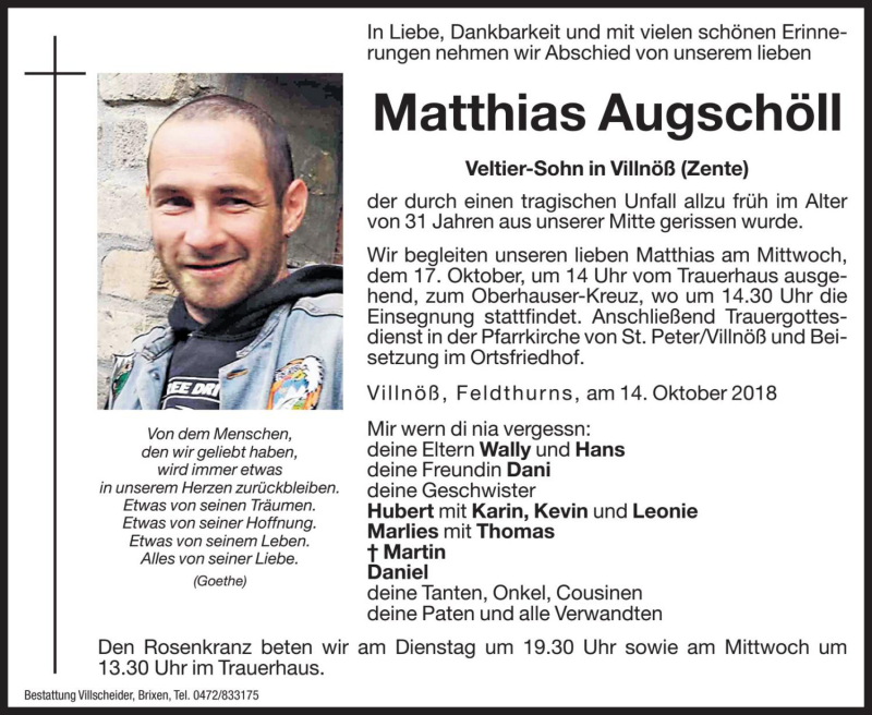  Traueranzeige für Matthias Augschöll vom 16.10.2018 aus Dolomiten