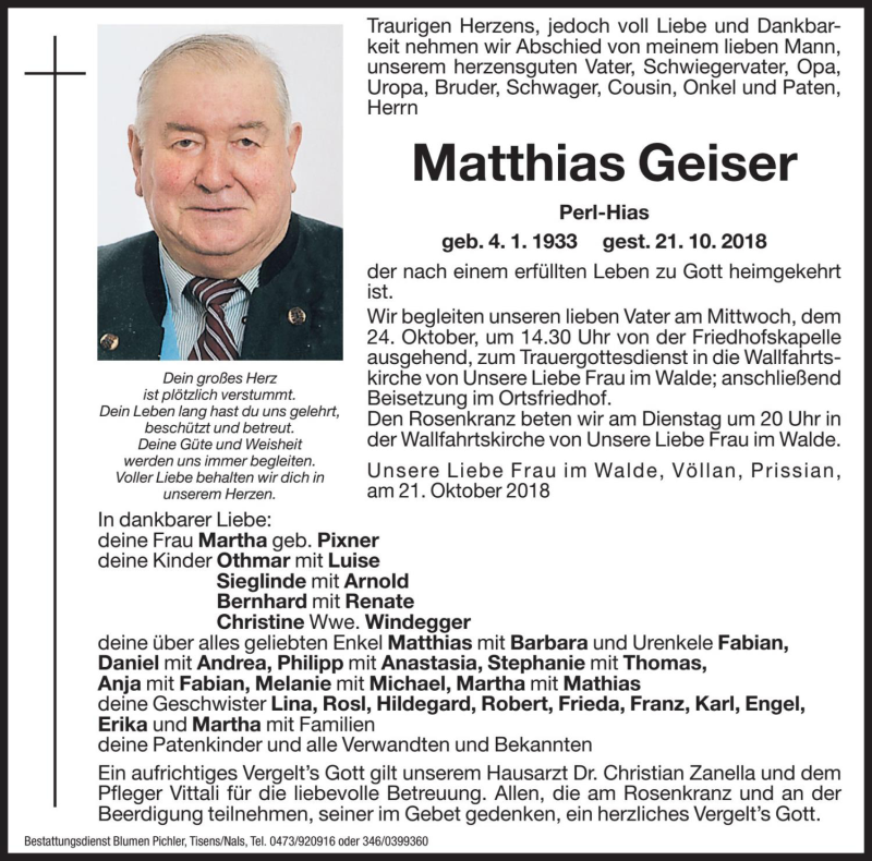  Traueranzeige für Matthias Geiser vom 23.10.2018 aus Dolomiten