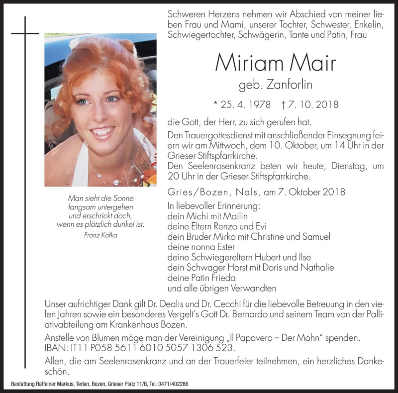  Traueranzeige für Miriam Mair vom 09.10.2018 aus Dolomiten