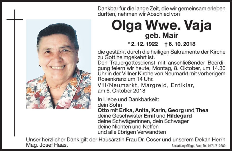  Traueranzeige für Olga Vaja vom 08.10.2018 aus Dolomiten