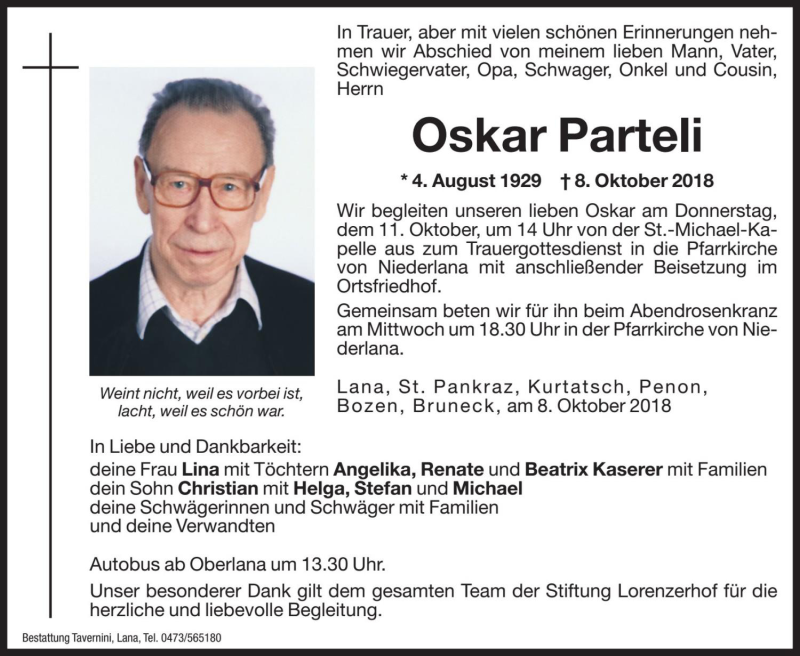  Traueranzeige für Oskar Parteli vom 10.10.2018 aus Dolomiten
