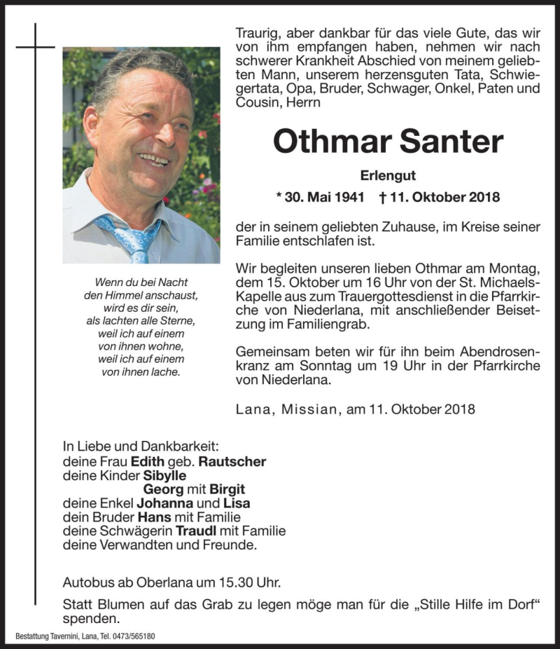  Traueranzeige für Othmar Santer vom 12.10.2018 aus Dolomiten