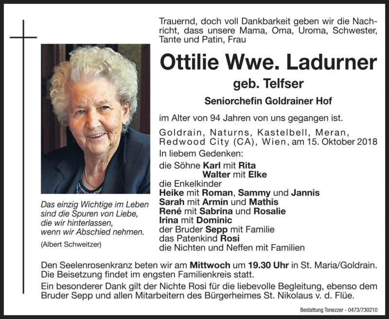  Traueranzeige für Ottilie Ladurner vom 16.10.2018 aus Dolomiten
