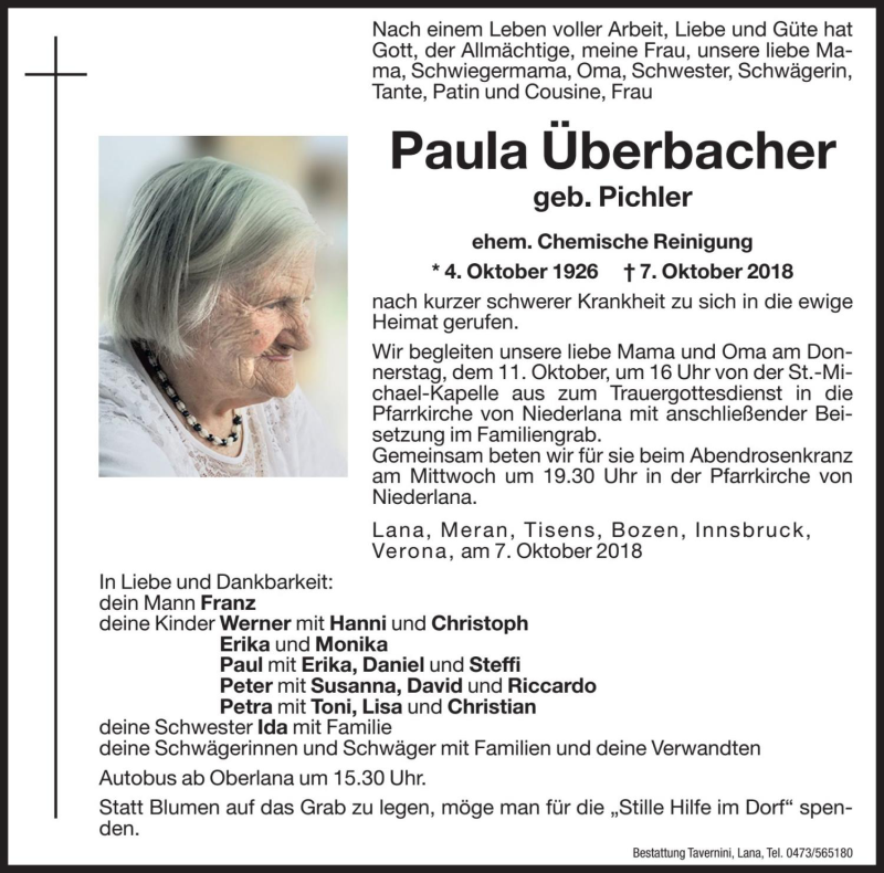  Traueranzeige für Paula Überbacher vom 09.10.2018 aus Dolomiten