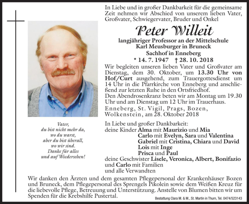 Traueranzeige für Peter Willeit vom 29.10.2018 aus Dolomiten