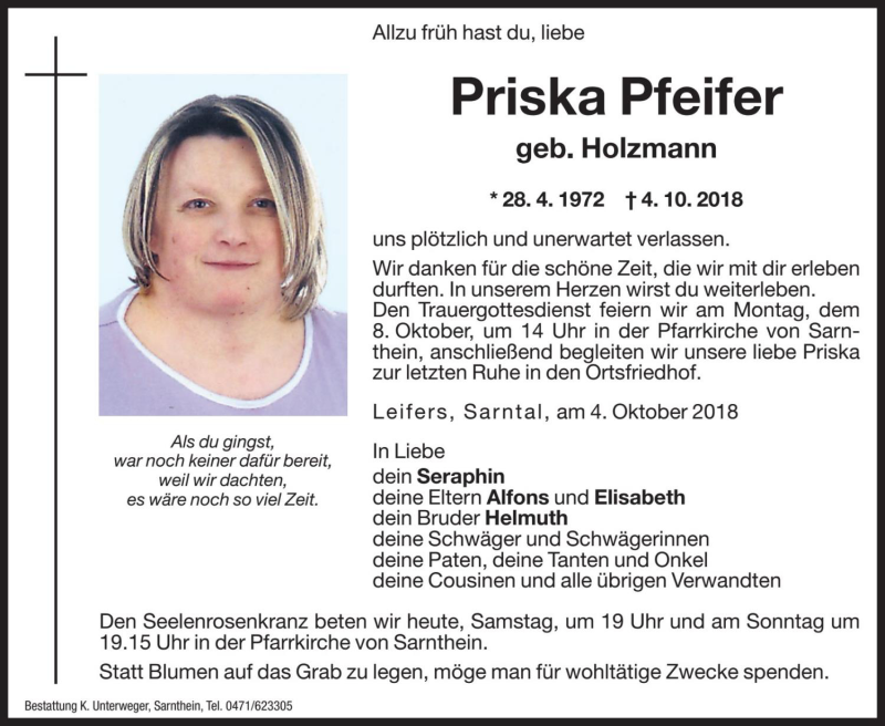  Traueranzeige für Priska Pfeifer vom 06.10.2018 aus Dolomiten
