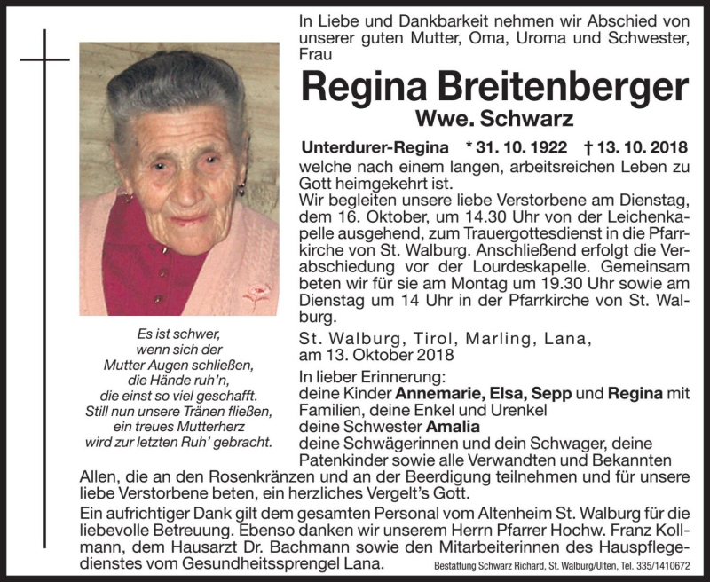  Traueranzeige für Regina Schwarz vom 15.10.2018 aus Dolomiten