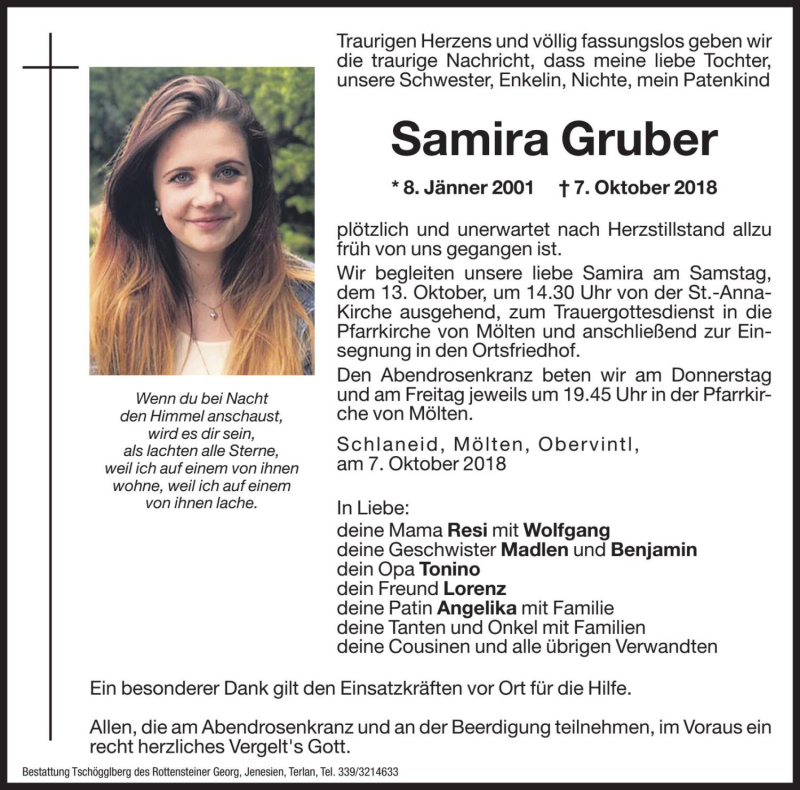  Traueranzeige für Samira Gruber vom 10.10.2018 aus Dolomiten
