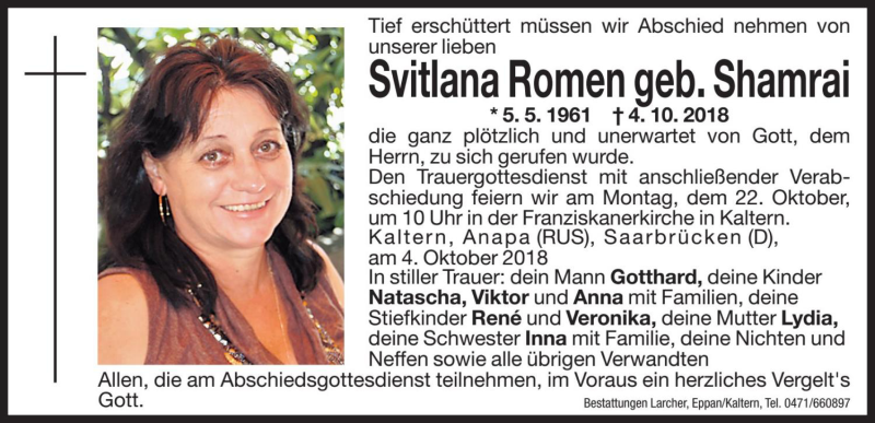  Traueranzeige für Svitlana Romen vom 19.10.2018 aus Dolomiten