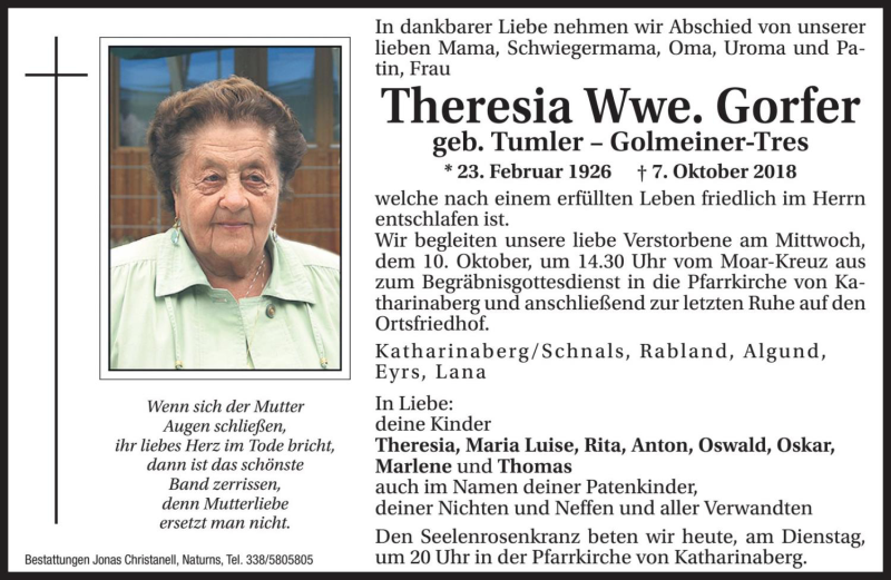 Traueranzeige für Theresia Gorfer vom 09.10.2018 aus Dolomiten