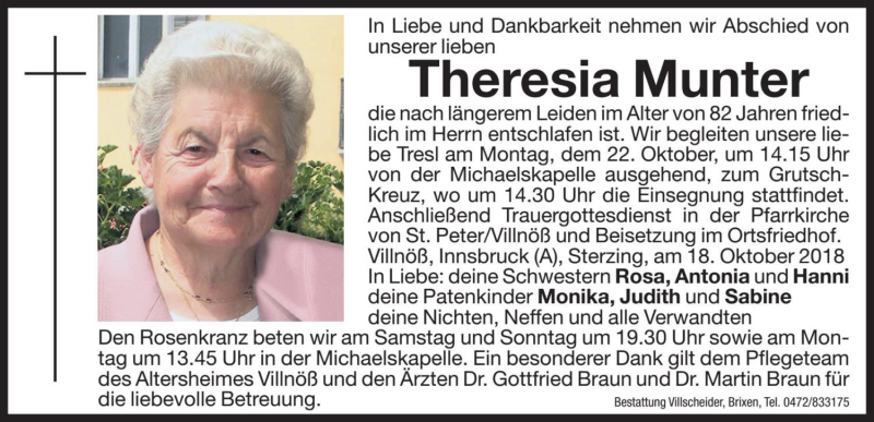  Traueranzeige für Theresia Munter vom 19.10.2018 aus Dolomiten