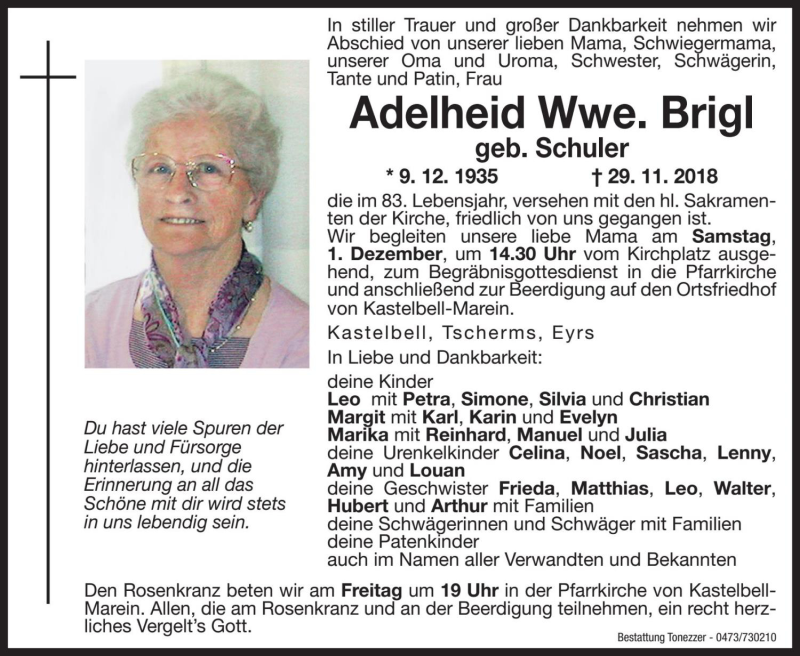  Traueranzeige für Adelheid Brigl vom 30.11.2018 aus Dolomiten