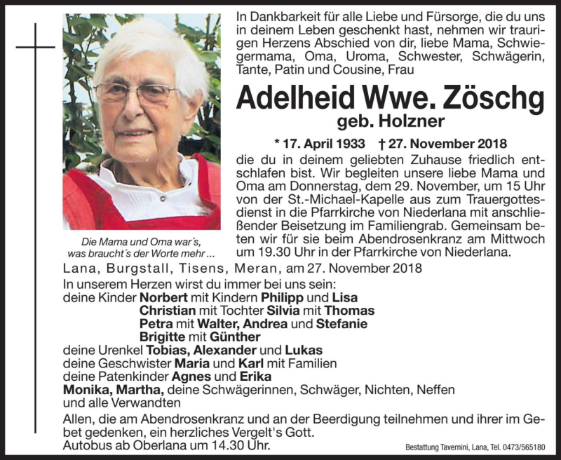  Traueranzeige für Adelheid Zöschg vom 28.11.2018 aus Dolomiten