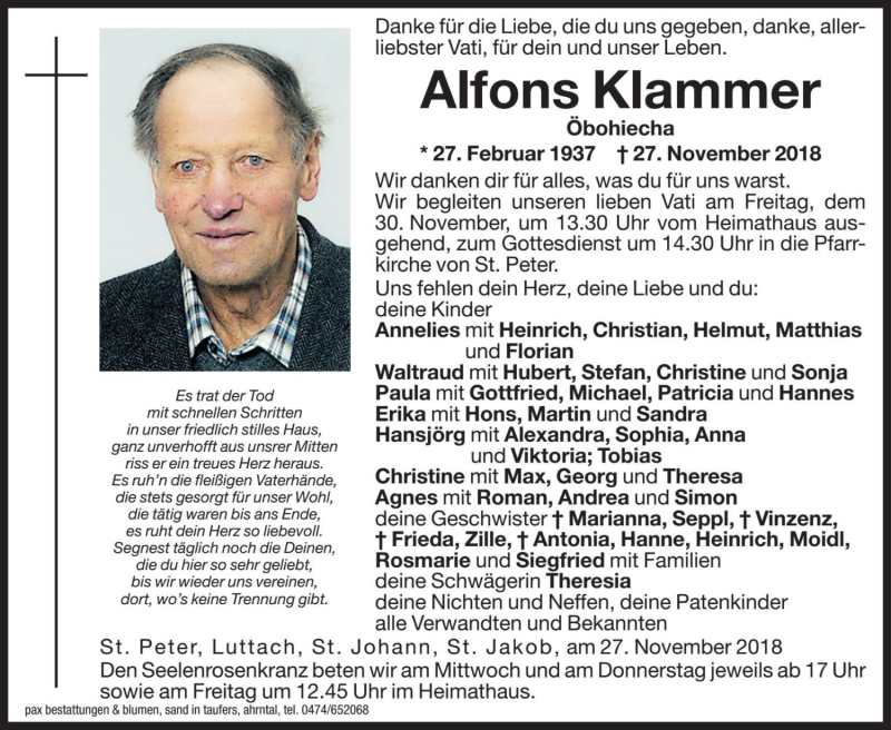  Traueranzeige für Alfons Klammer vom 28.11.2018 aus Dolomiten