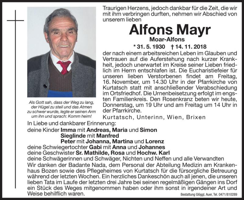  Traueranzeige für Alfons Mayr vom 15.11.2018 aus Dolomiten