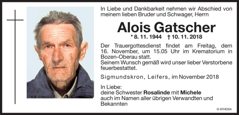  Traueranzeige für Alois Gatscher vom 14.11.2018 aus Dolomiten