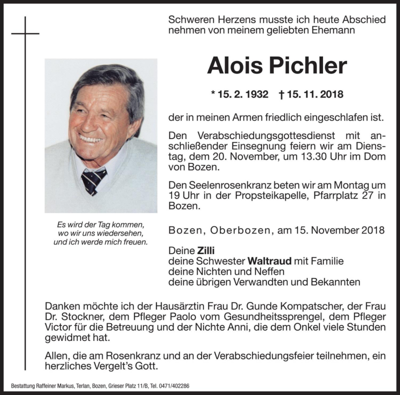  Traueranzeige für Alois Pichler vom 16.11.2018 aus Dolomiten