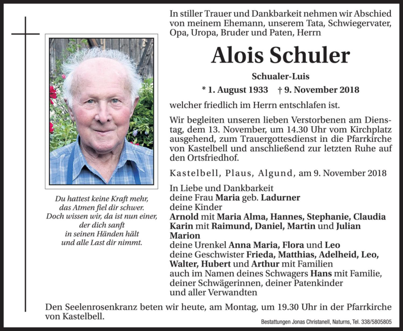  Traueranzeige für Alois Schuler vom 12.11.2018 aus Dolomiten