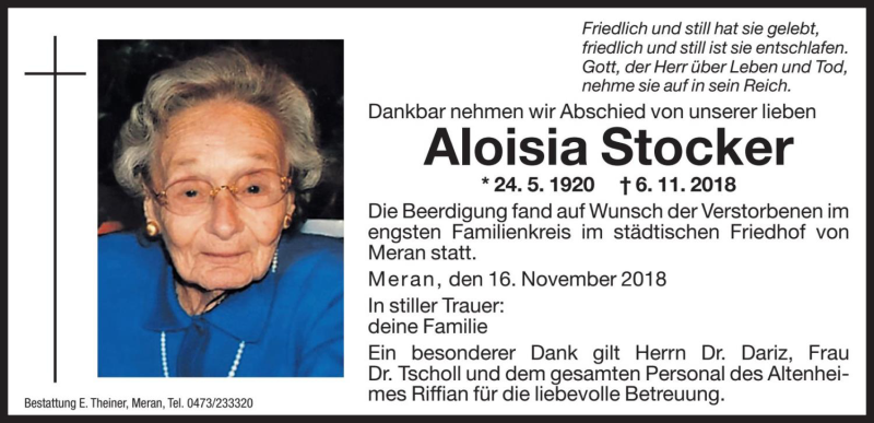  Traueranzeige für Aloisia Stocker vom 16.11.2018 aus Dolomiten