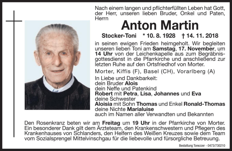  Traueranzeige für Anton Martin vom 16.11.2018 aus Dolomiten