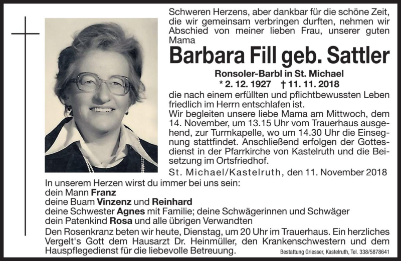  Traueranzeige für Barbara Fill vom 13.11.2018 aus Dolomiten