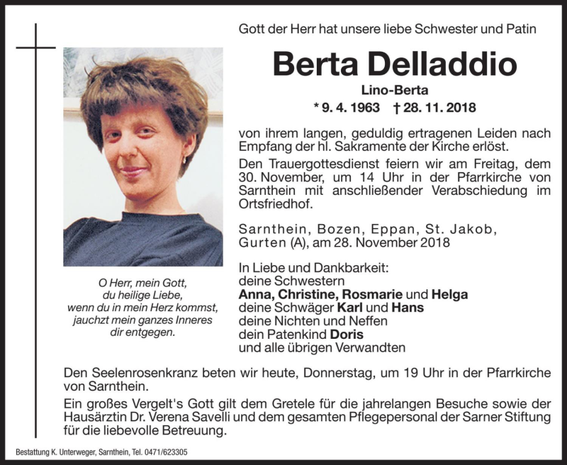  Traueranzeige für Berta Delladdio vom 29.11.2018 aus Dolomiten