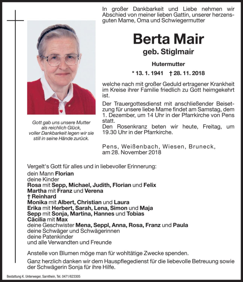  Traueranzeige für Berta Mair vom 30.11.2018 aus Dolomiten