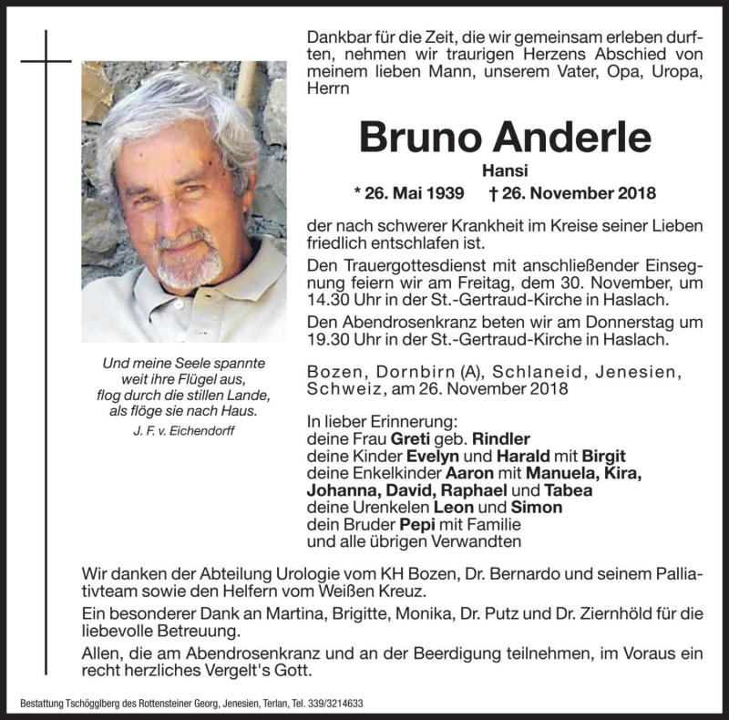  Traueranzeige für Bruno Anderle vom 28.11.2018 aus Dolomiten
