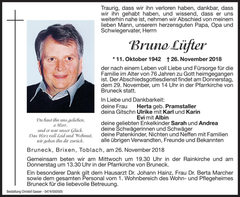  Traueranzeige für Bruno Lüfter vom 28.11.2018 aus Dolomiten