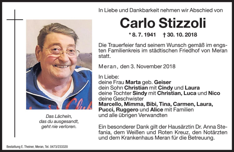  Traueranzeige für Carlo Stizzoli vom 03.11.2018 aus Dolomiten