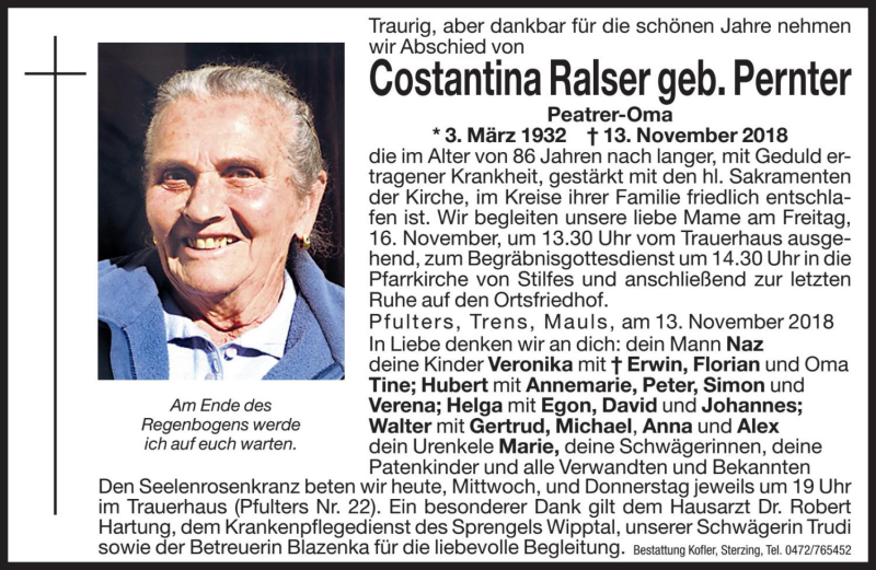  Traueranzeige für Costantina Ralser vom 14.11.2018 aus Dolomiten
