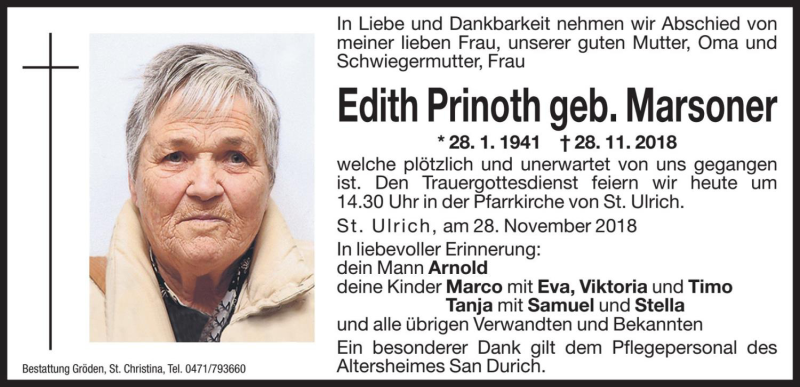  Traueranzeige für Edith Prinoth vom 29.11.2018 aus Dolomiten