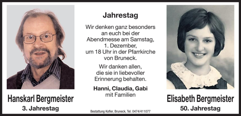  Traueranzeige für Elisabeth Bergmeister vom 30.11.2018 aus Dolomiten