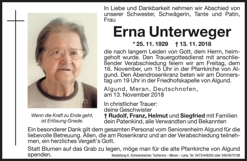  Traueranzeige für Erna Unterweger vom 15.11.2018 aus Dolomiten