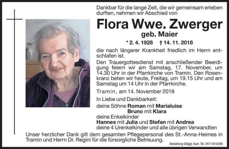  Traueranzeige für Flora Zwerger vom 16.11.2018 aus Dolomiten
