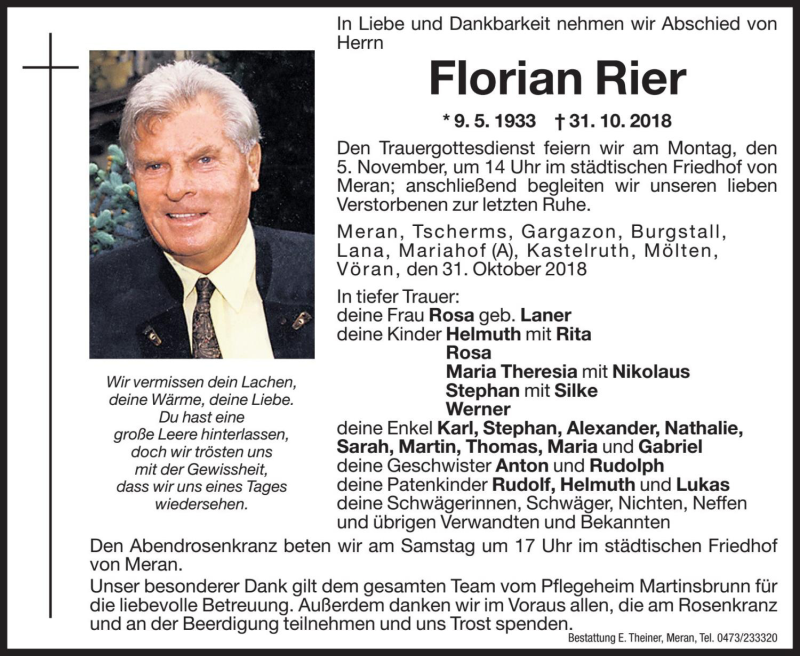 Traueranzeige für Florian Rier vom 02.11.2018 aus Dolomiten