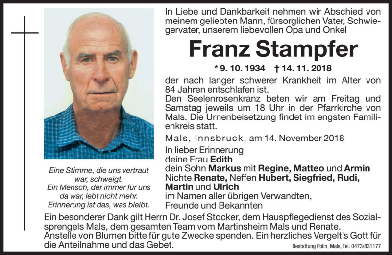  Traueranzeige für Franz Stampfer vom 16.11.2018 aus Dolomiten