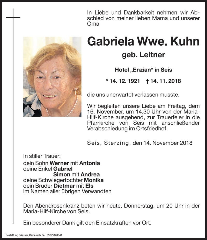  Traueranzeige für Gabriela Kuhn vom 15.11.2018 aus Dolomiten