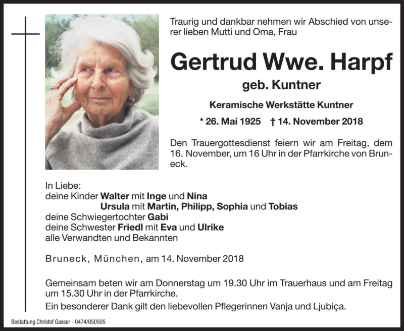  Traueranzeige für Gertrud Harpf vom 15.11.2018 aus Dolomiten