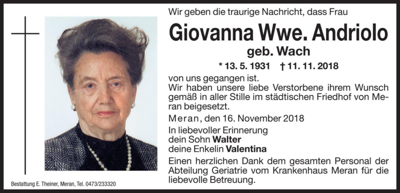  Traueranzeige für Giovanna Andriolo vom 16.11.2018 aus Dolomiten