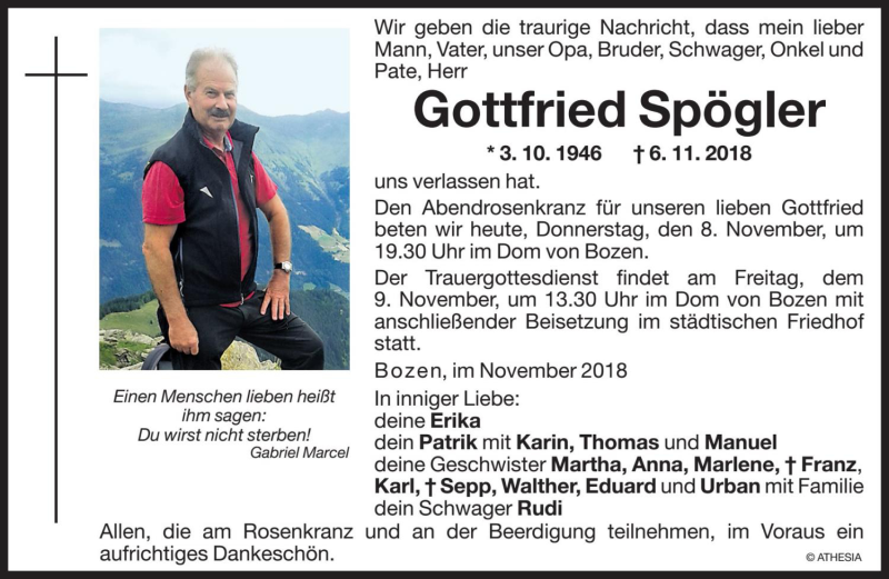  Traueranzeige für Gottfried Spögler vom 08.11.2018 aus Dolomiten