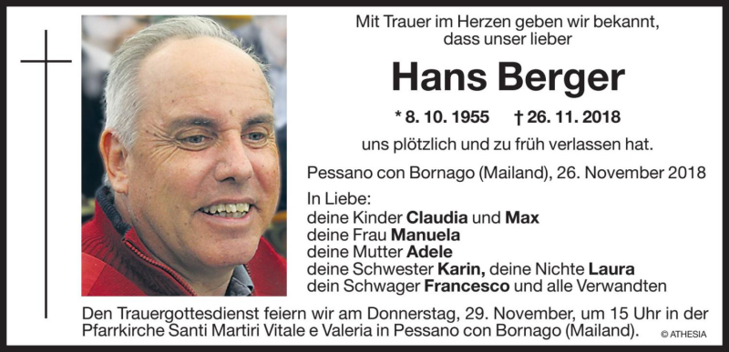  Traueranzeige für Hans Berger vom 28.11.2018 aus Dolomiten