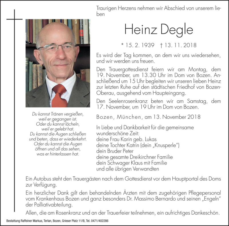  Traueranzeige für Heinz Degle vom 16.11.2018 aus Dolomiten
