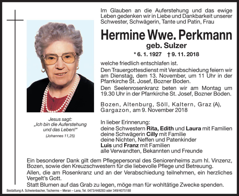  Traueranzeige für Hermine Perkmann vom 10.11.2018 aus Dolomiten